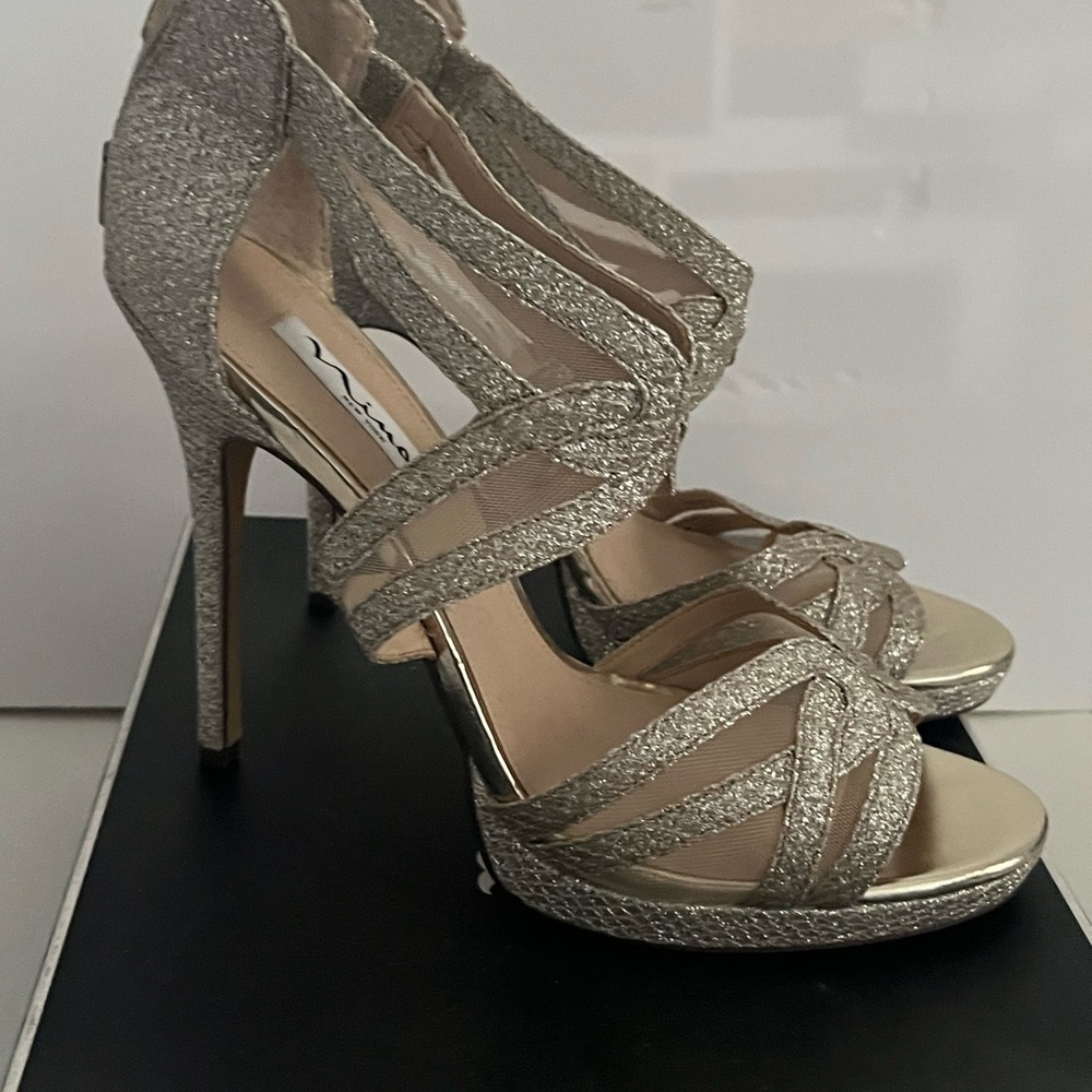 Nina Shoes “Fayette”Platino gold stiletto sandals